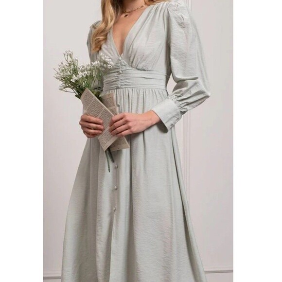 By The River NWT Mint Green Striped Dress Peasant Boho Size Medium Shimmery - Picture 8 of 16